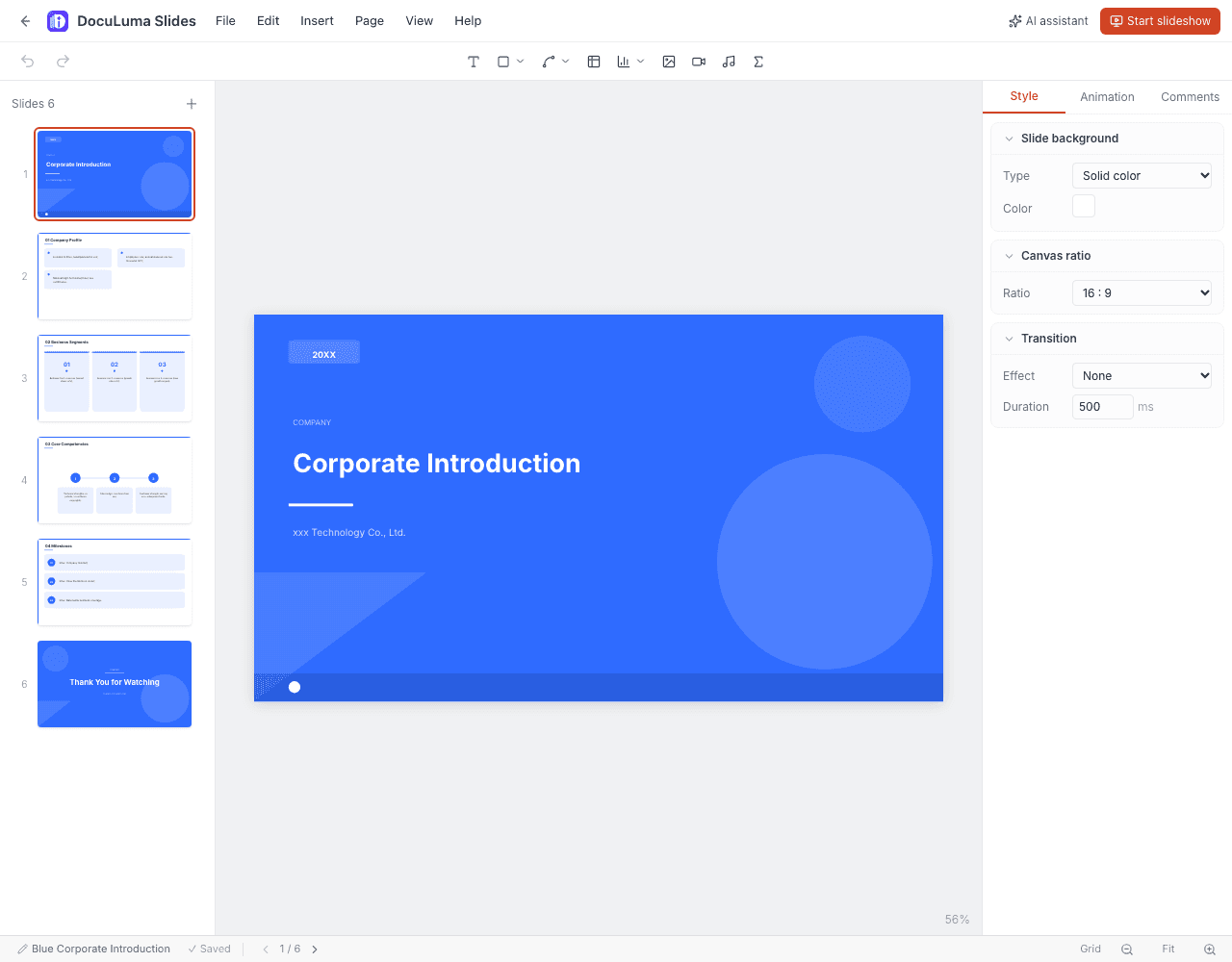 DocuLuma Slides editor showing a corporate introduction deck