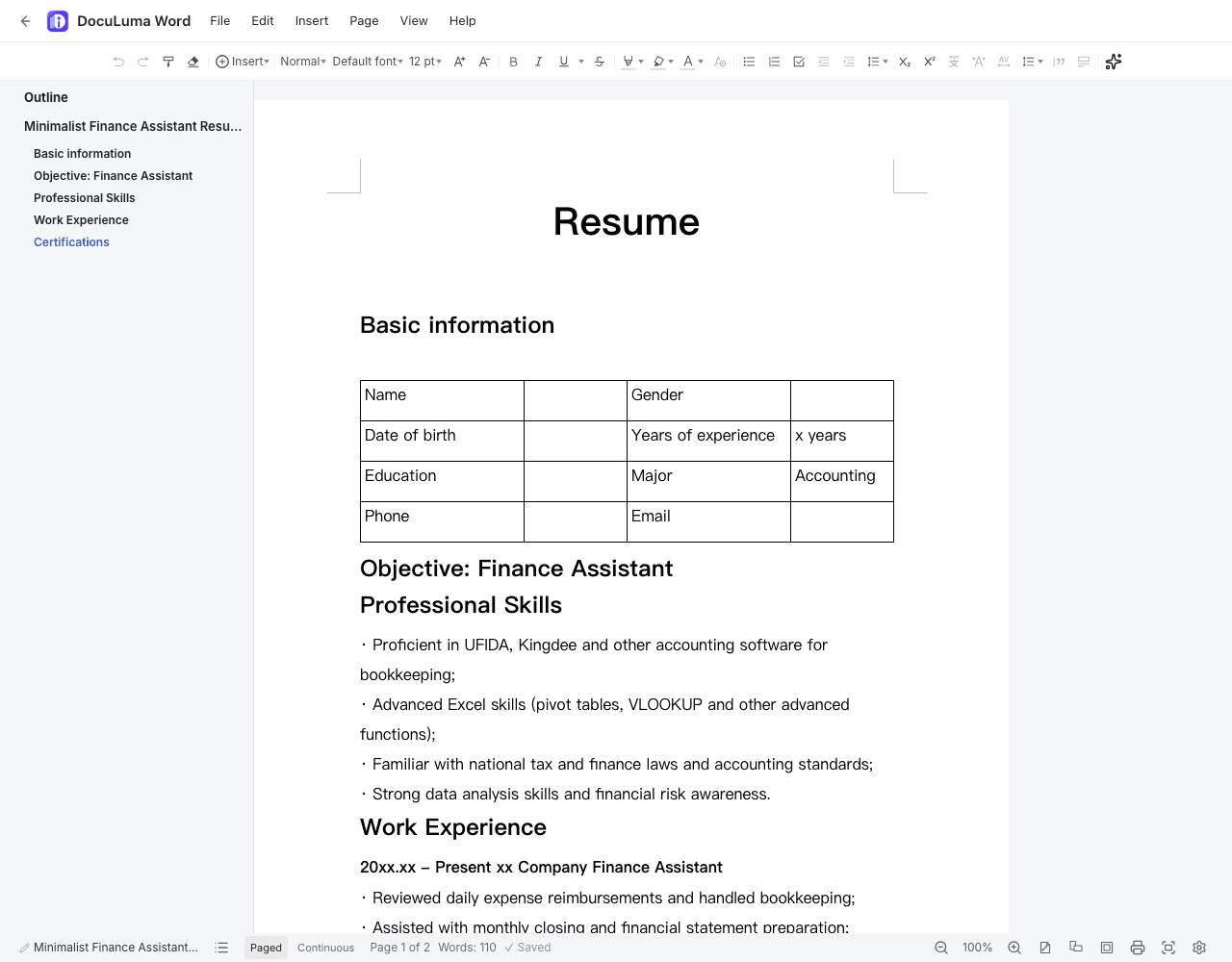 DocuLuma Word editor with a resume open in the browser