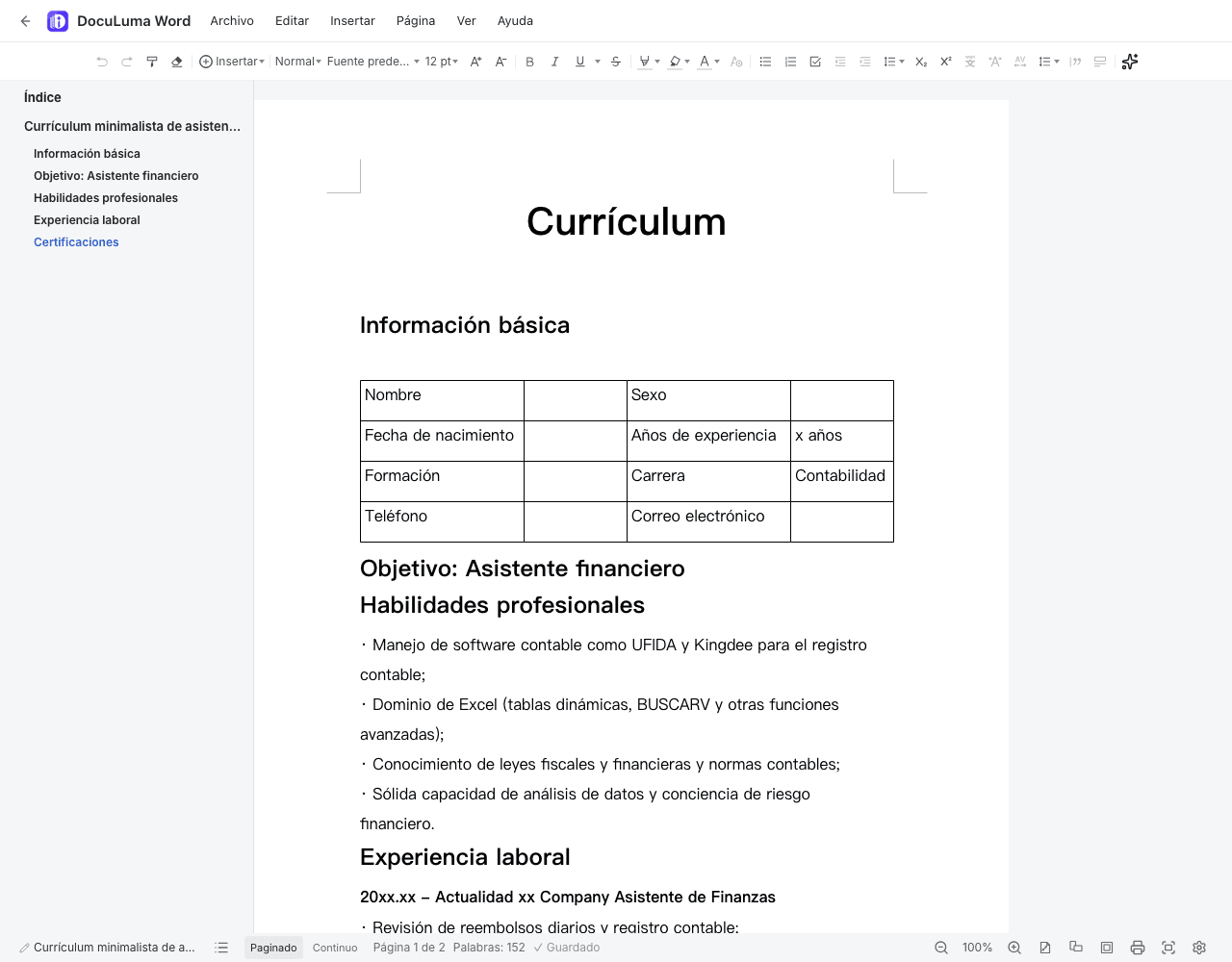 Editor DocuLuma Word con un currículum abierto en el navegador