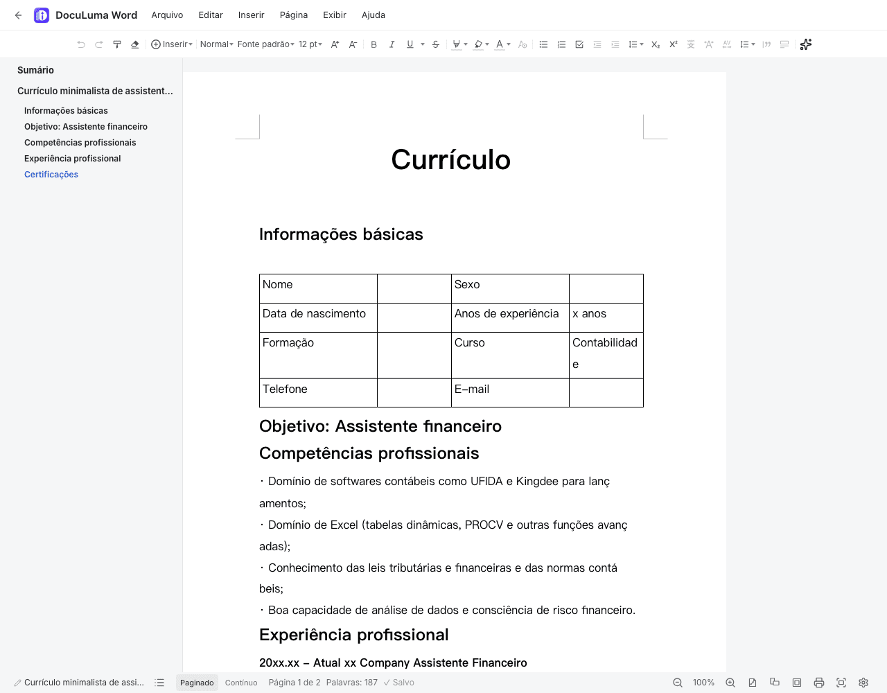 Editor DocuLuma Word com um currículo aberto no navegador